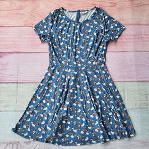 Unique Vintage Blue Unicorn Rainbow Print Short Sleeve A-Line Knit Dress XL/14